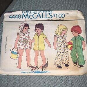 McCall's 4449 Zip-Up Sun Suit, Jumpsuit or Romper w Hood Sz 1 Toddler Vint Cut